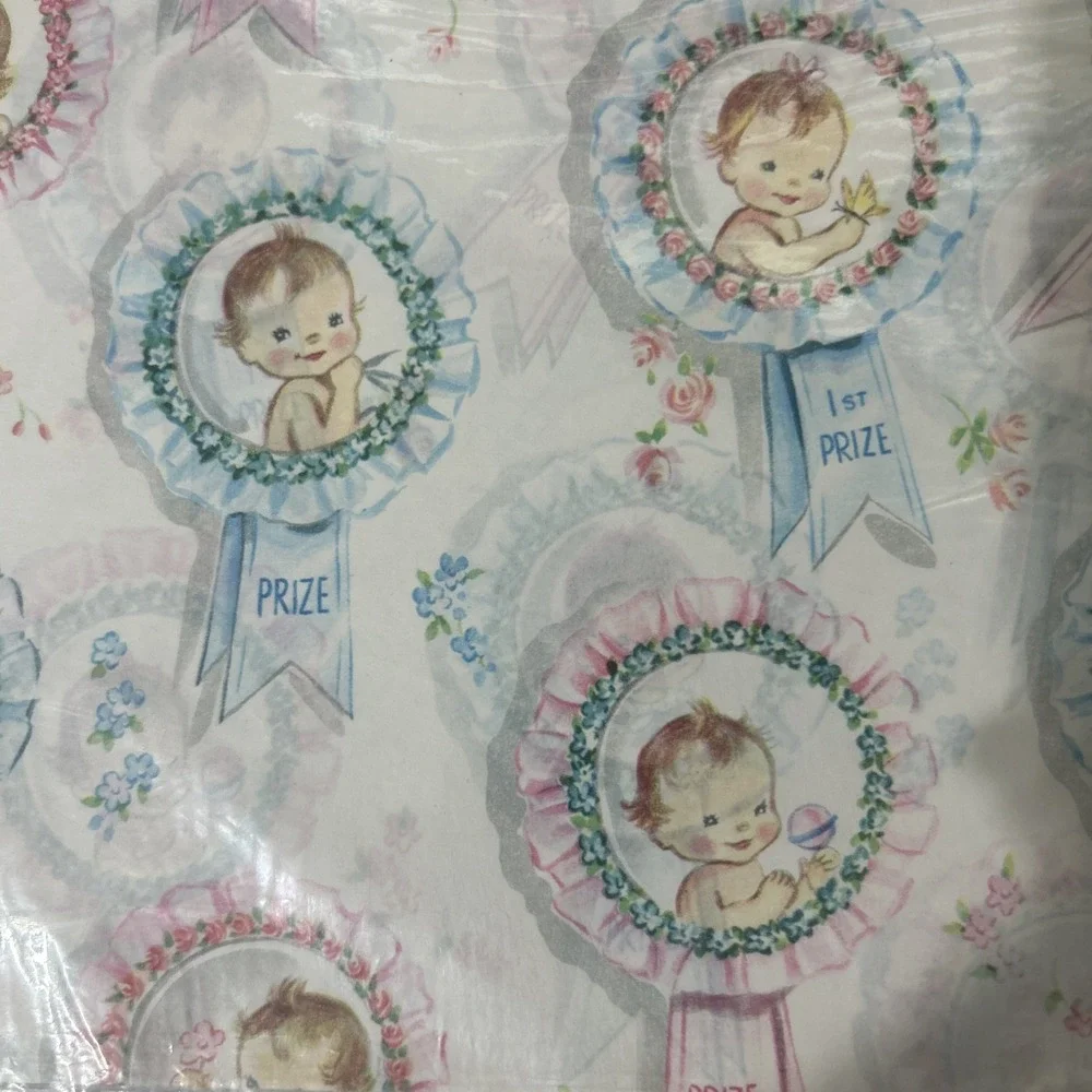 VINTAGE WRAPPING PAPER- NEW BABY, BABY SHOWER, CHILD GIFT, 7 Packs Dennison